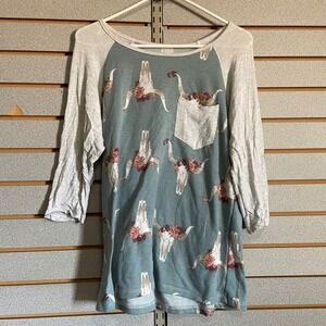 Womens Floral Cow Skull Raglan Baseball Tee 3/4 Sleeve Blue Grey Western Top